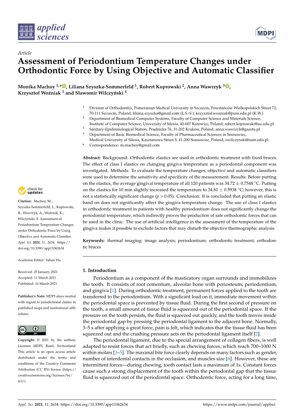 Assessment of Periodontium Temperature Changes Under Orthodontic Force by Using Objective and Automatic Classiﬁer