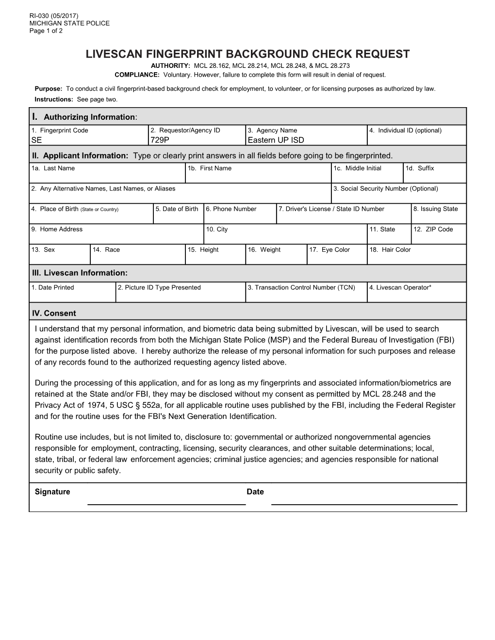 Livescan Fingerprint Background Check Request