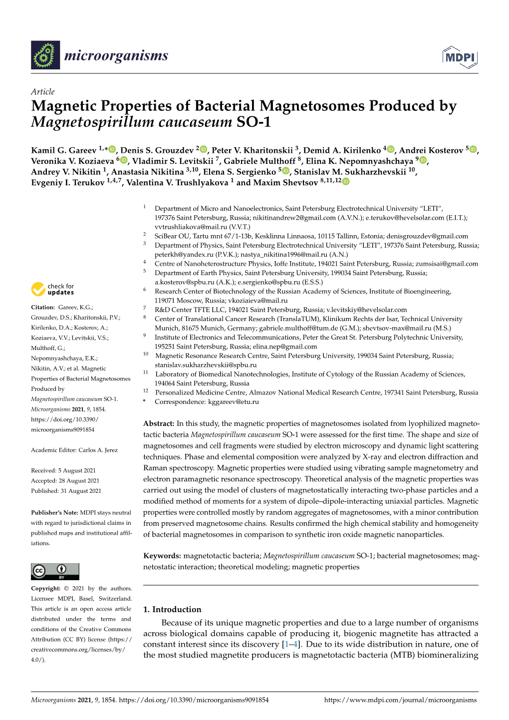 Magnetic Properties of Bacterial Magnetosomes Produced by Magnetospirillum Caucaseum SO-1