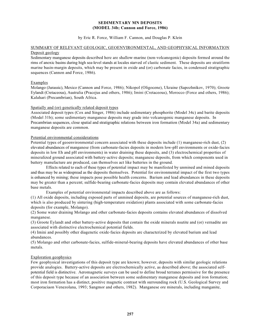 SEDIMENTARY MN DEPOSITS (MODEL 34B; Cannon and Force, 1986)