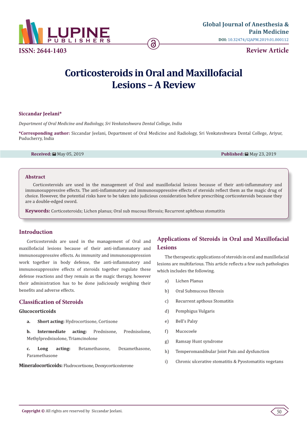 Corticosteroids in Oral and Maxillofacial Lesions – a Review
