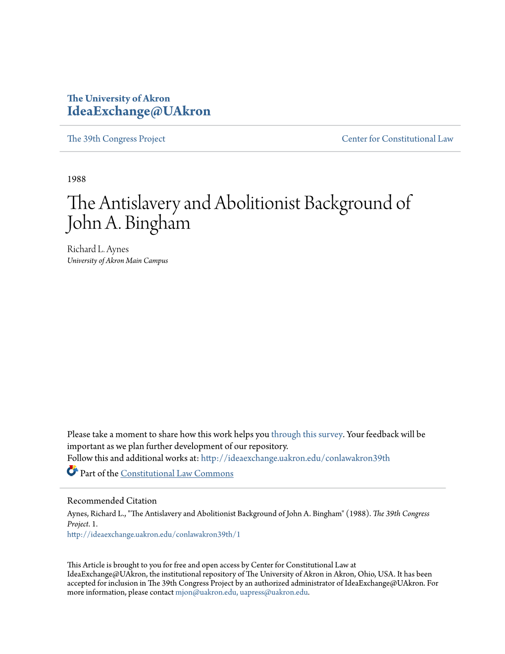 The Antislavery and Abolitionist Background of John A. Bingham Richard L