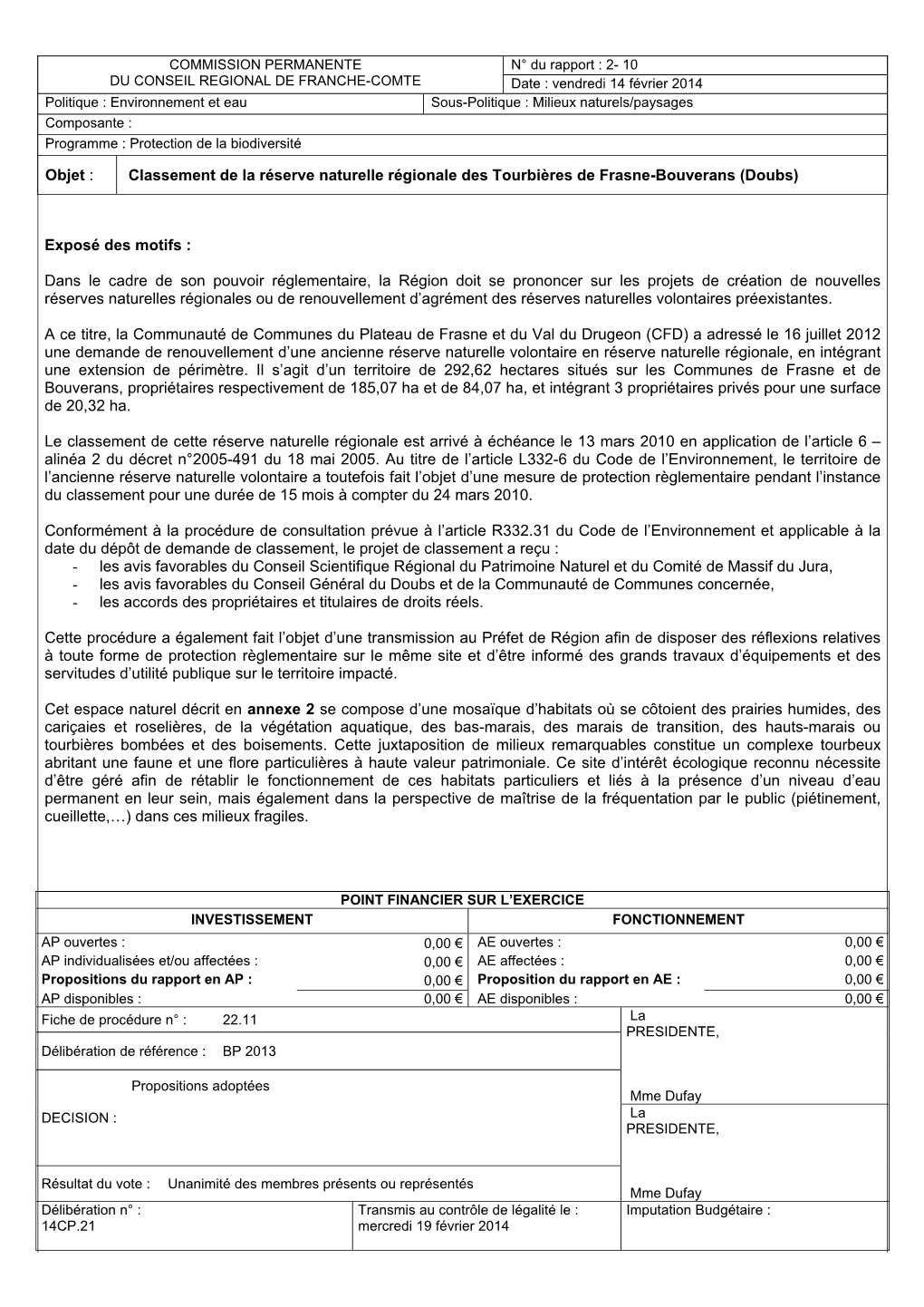 Objet : Classement De La Réserve Naturelle Régionale Des Tourbières De Frasne-Bouverans (Doubs)