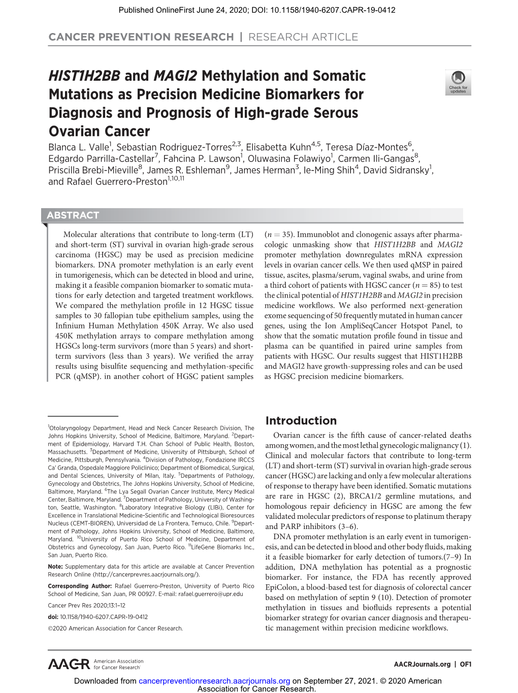 HIST1H2BB and MAGI2 Methylation and Somatic Mutations As Precision Medicine Biomarkers for Diagnosis and Prognosis of High-Grade Serous Ovarian Cancer Blanca L