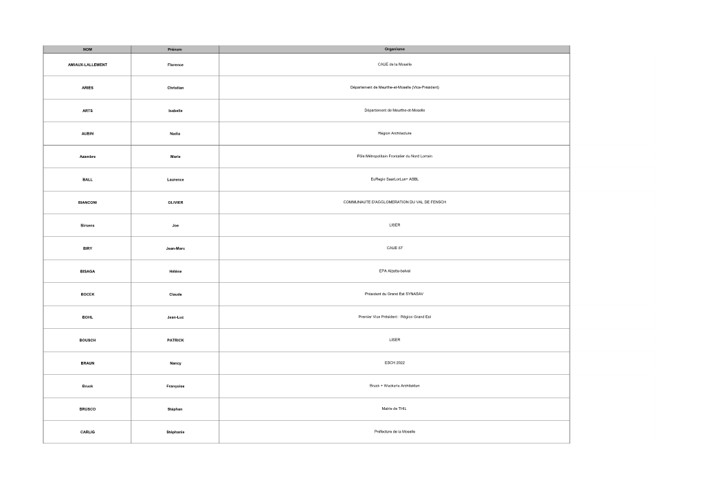 NOM Prénom AMIAUX-LALLEMENT Florence ARIES Christian ARTS Isabelle AUBIN Nadia Azambre Marie BALL Laurence BIANCONI OLIVIER