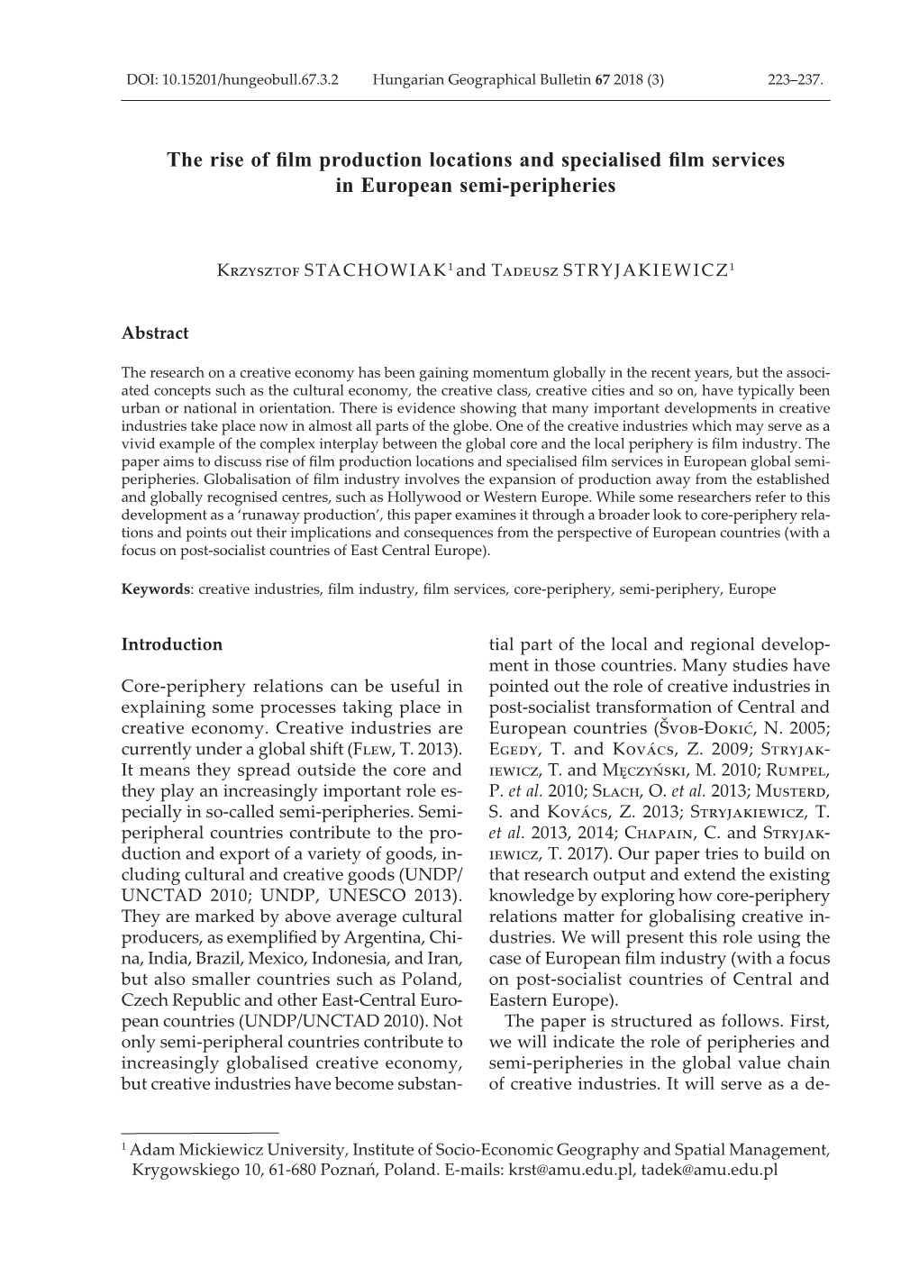 The Rise of Film Production Locations and Specialised Film Services in European Semi-Peripheries