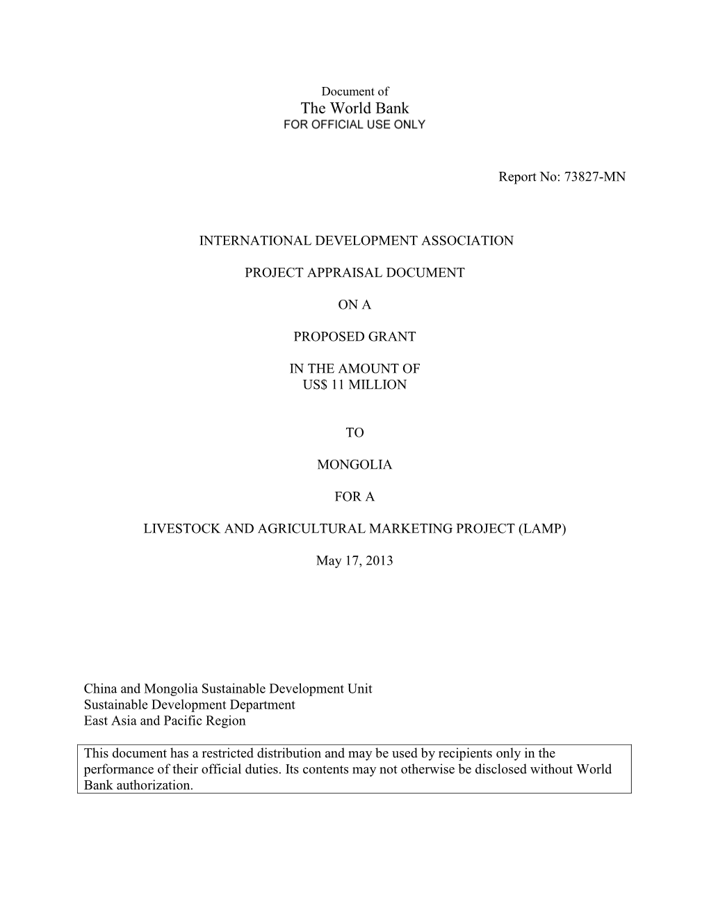 World Bank Project Appraisal Document (2013)