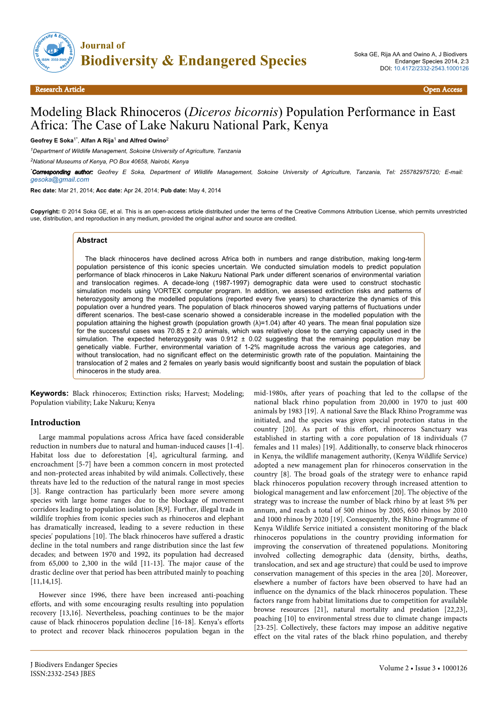 Modeling Black Rhinoceros (Diceros Bicornis) Population Performance In