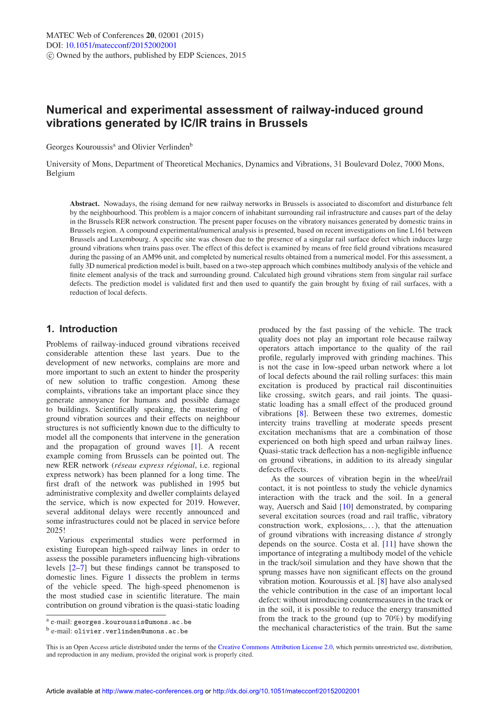 Numerical and Experimental Assessment of Railway-Induced Ground Vibrations Generated by IC/IR Trains in Brussels