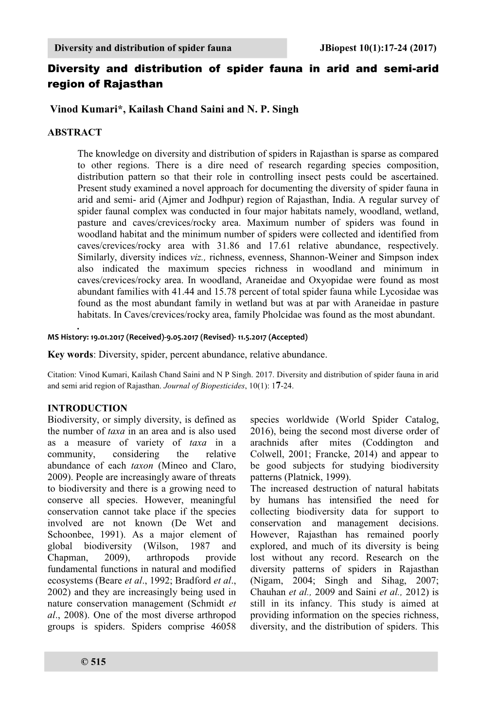 17-24 (2017) Diversity and Distribution of Spider Fauna Jbiopest 5(1)