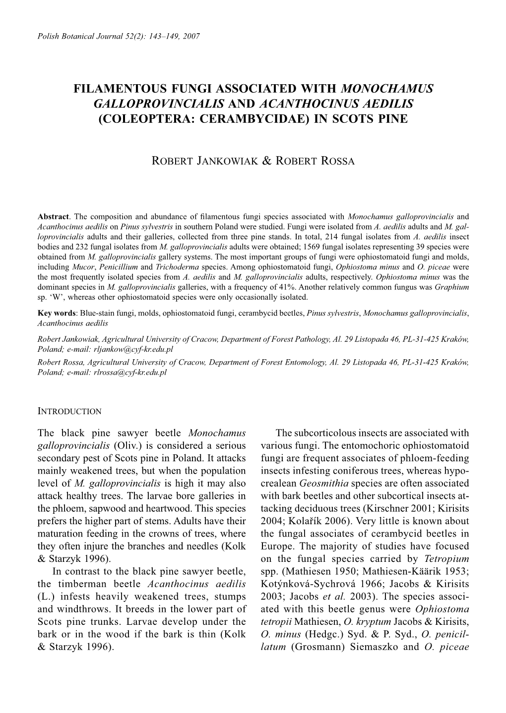 Filamentous Fungi Associated with Monochamus Galloprovincialis and Acanthocinus Aedilis (Coleoptera: Cerambycidae) in Scots Pine