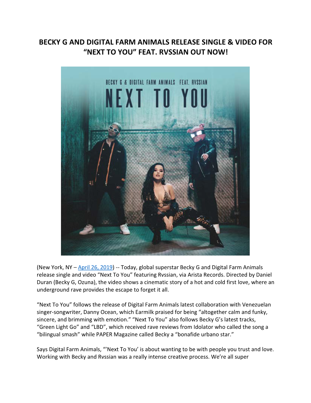 Becky G and Digital Farm Animals Release Single & Video for “Next to You” Feat