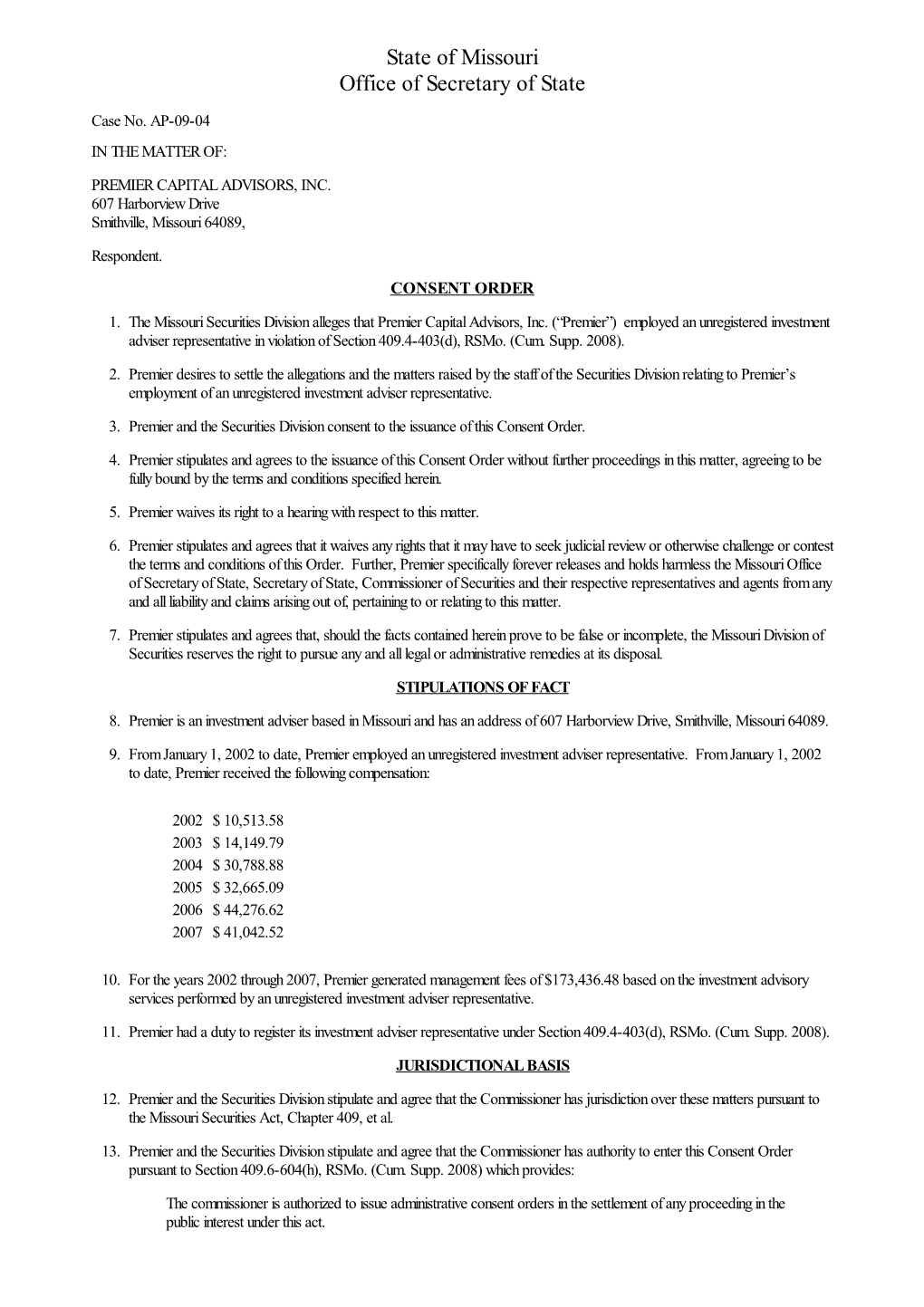 Missouri Securities :: Premier Capital