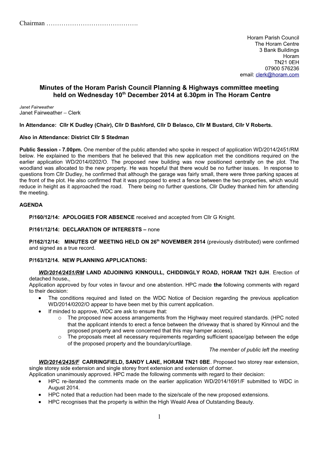 Minutes of the Horam Parish Council Planning & Highways Committee Meeting