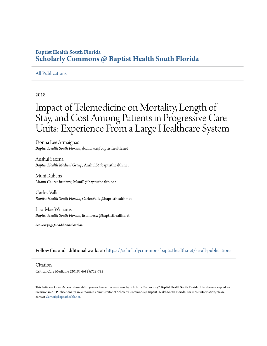 Impact of Telemedicine on Mortality, Length of Stay, and Cost Among