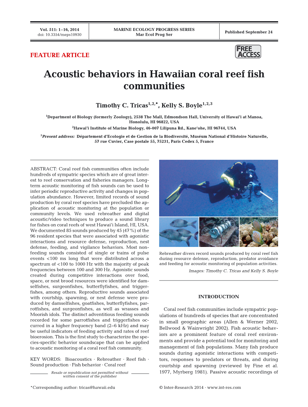 Acoustic Behaviors in Hawaiian Coral Reef Fish Communities