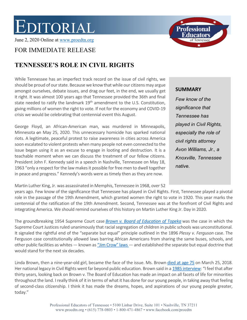 EDITORIAL June 2, 2020 Online at for IMMEDIATE RELEASE