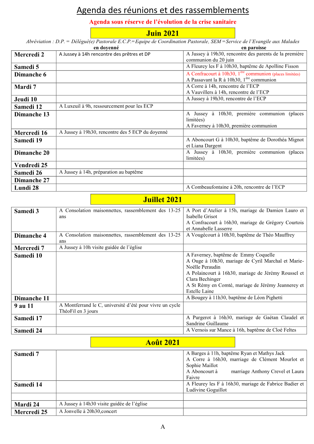 Rassemblement, Calendrier