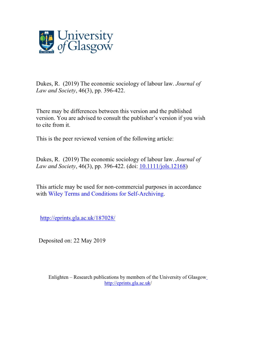 (2019) the Economic Sociology of Labour Law. Journal of Law and Society, 46(3), Pp