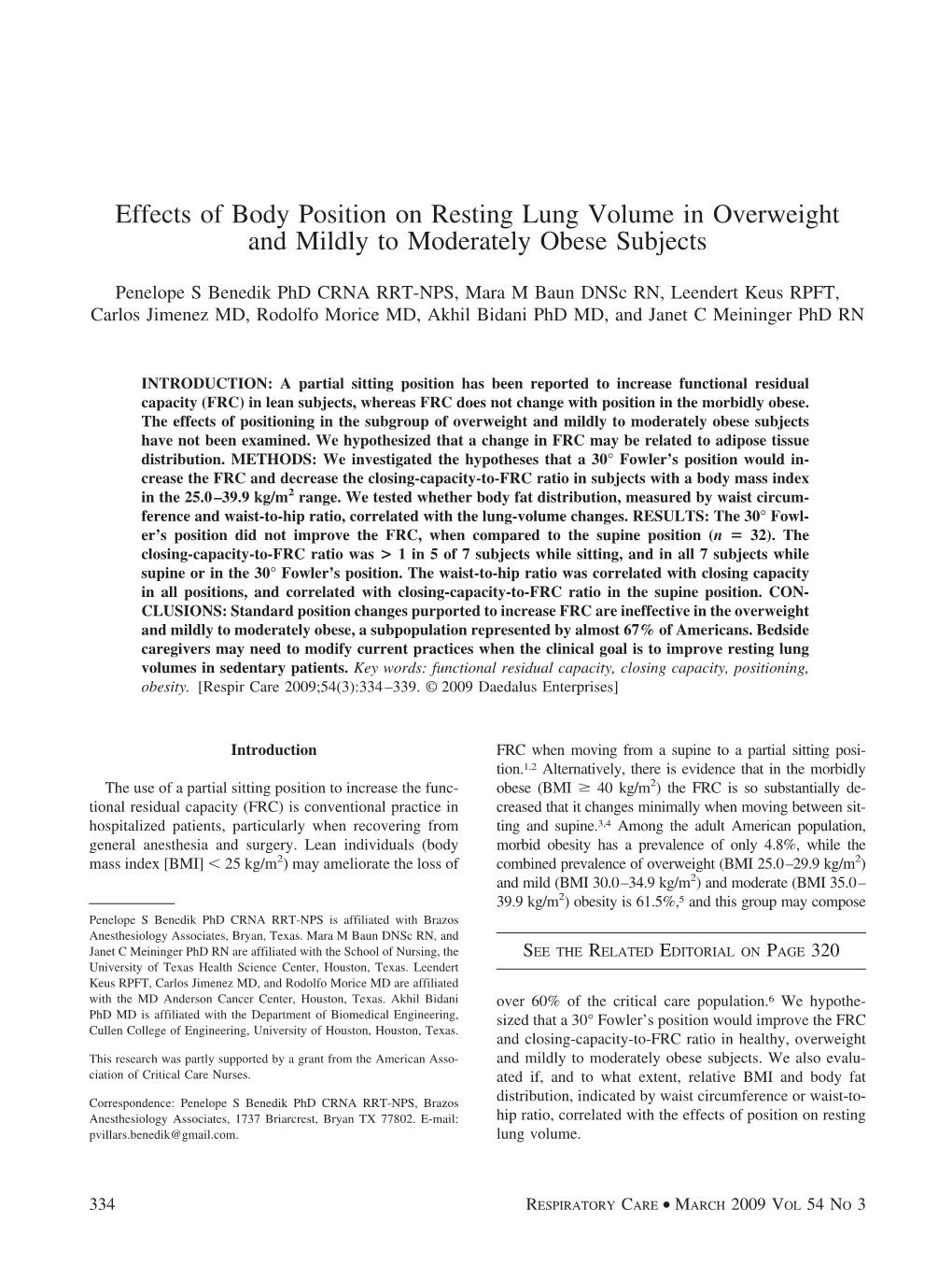 Effects of Body Position on Resting Lung Volume in Overweight and Mildly to Moderately Obese Subjects