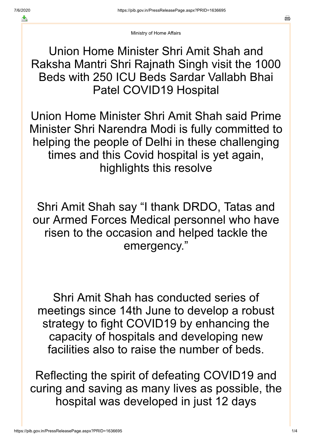 Union Home Minister Shri Amit Shah and Raksha Mantri Shri Rajnath Singh Visit the 1000 Beds with 250 ICU Beds Sardar Vallabh Bhai Patel COVID19 Hospital