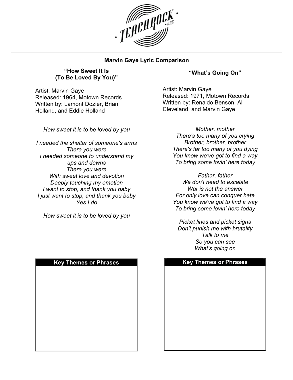 Marvin Gaye Lyric Comparison “How Sweet It Is (To Be Loved by You