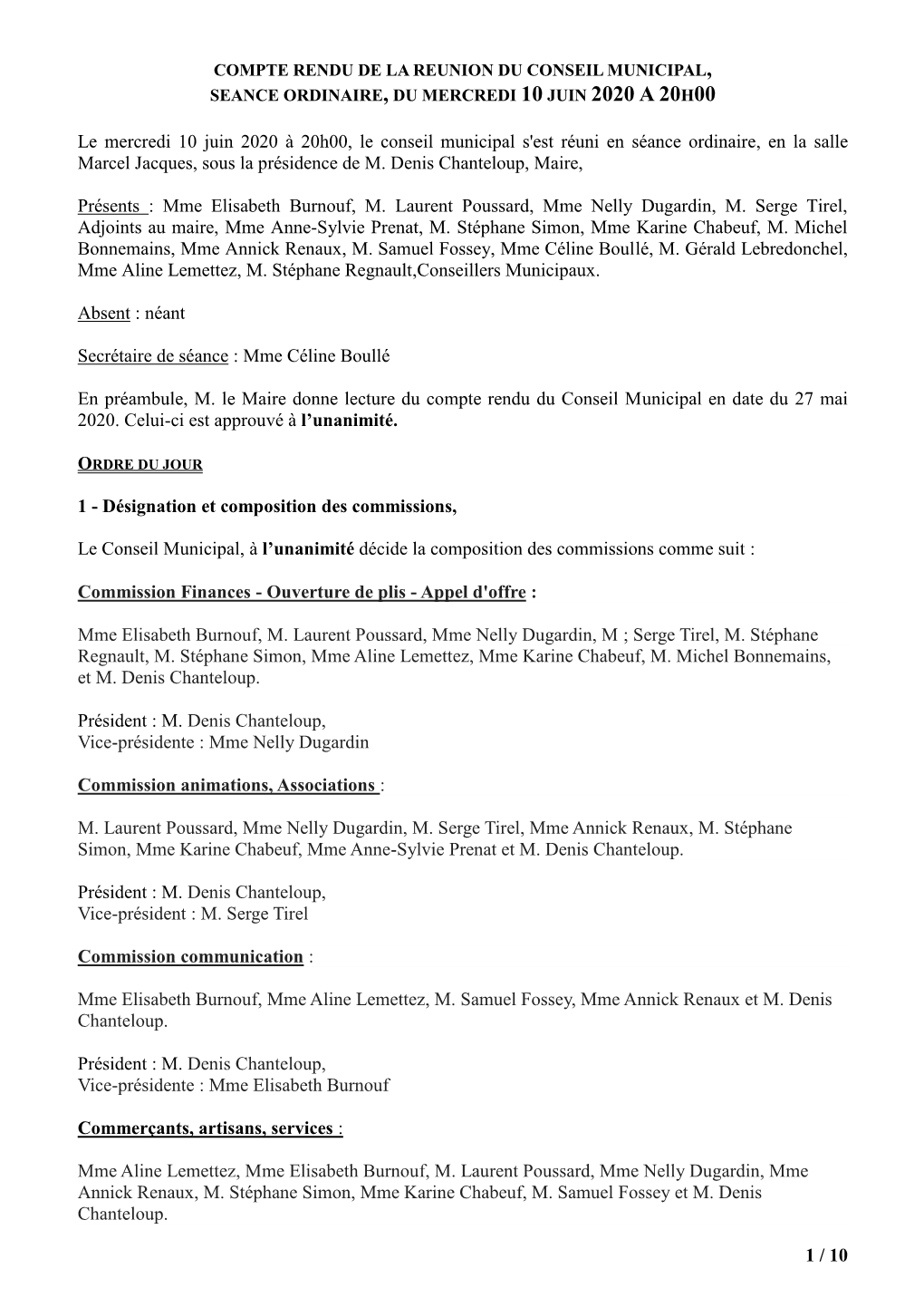 Compte Rendu De La Reunion Du Conseil Municipal, Seance Ordinaire, Du Mercredi 10 Juin 2020 a 20H00