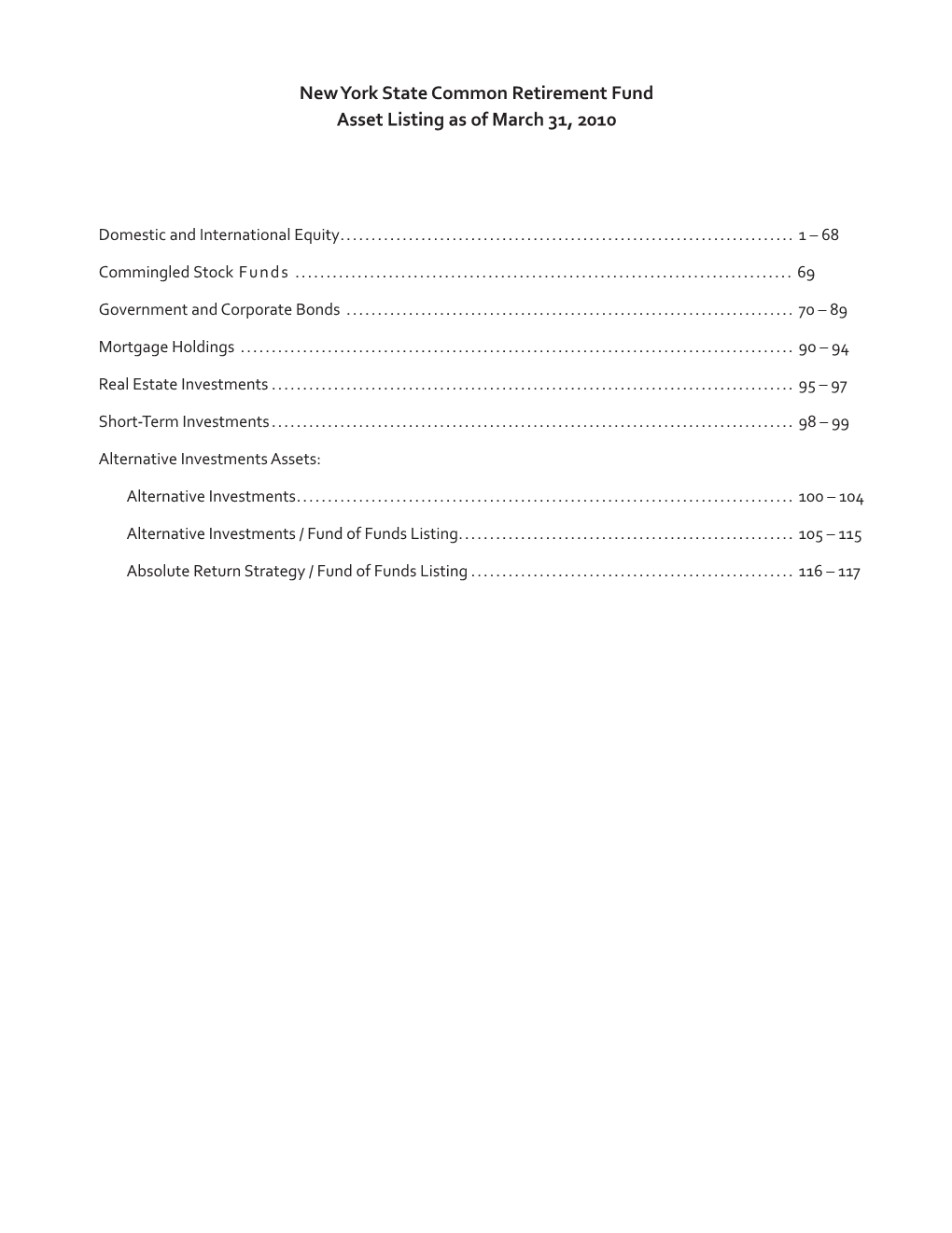 New York State Common Retirement Fund Asset Listing As of March 31, 2010