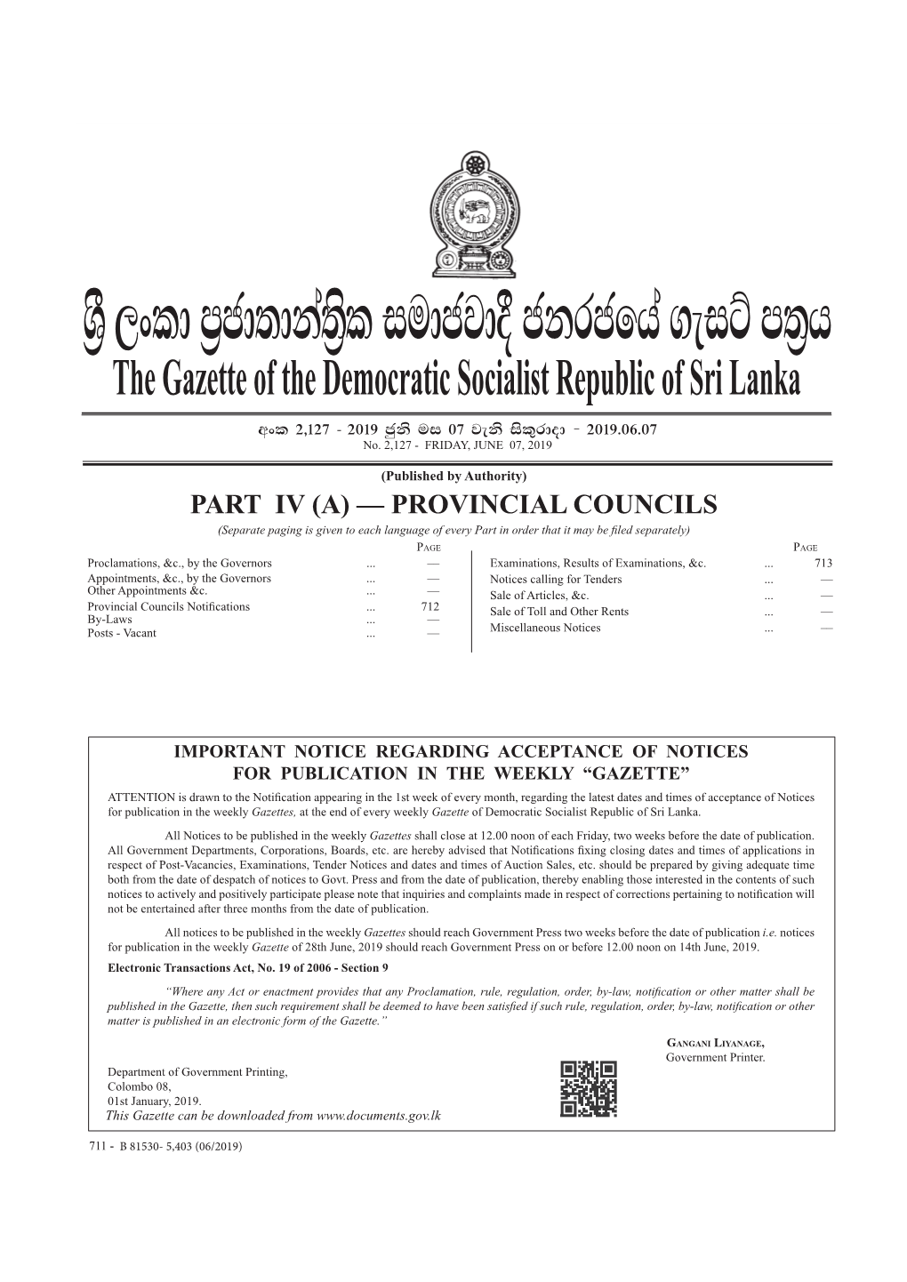 YS% ,Xld M%Cd;Dka;S%L Iudcjd§ Ckrcfha .Eiü M;%H - 2019'06'07 PART IV (A) – GAZETTE of the DEMOCRATIC SOCIALIST REPUBLIC of SRI LANKA – 07.06.2019