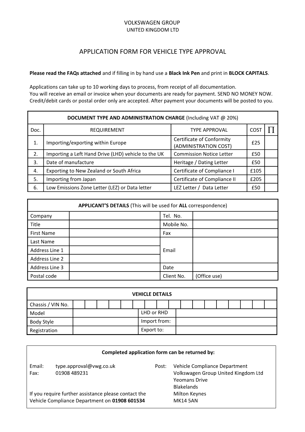 Application Form for Vehicle Type Approval