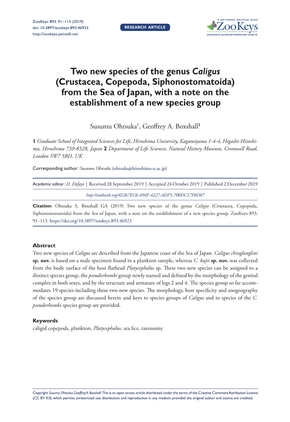 Two New Species of the Genus Caligus (Crustacea, Copepoda, Siphonostomatoida) from the Sea of Japan, with a Note on the Establishment of a New Species Group