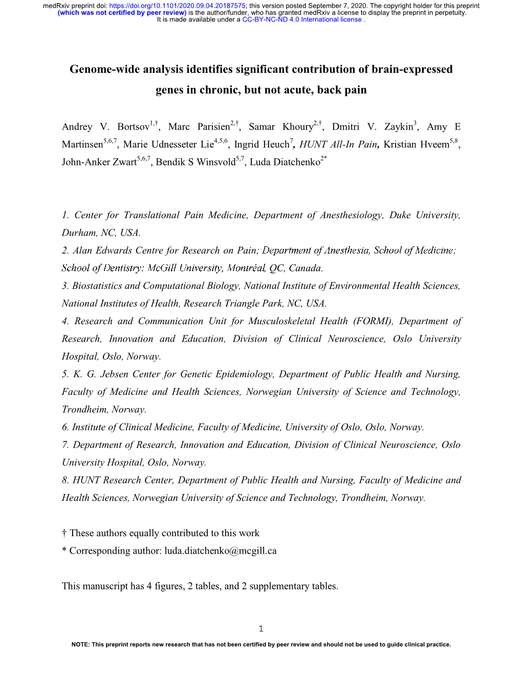 Genome-Wide Analysis Identifies Significant Contribution of Brain-Expressed Genes in Chronic, but Not Acute, Back Pain