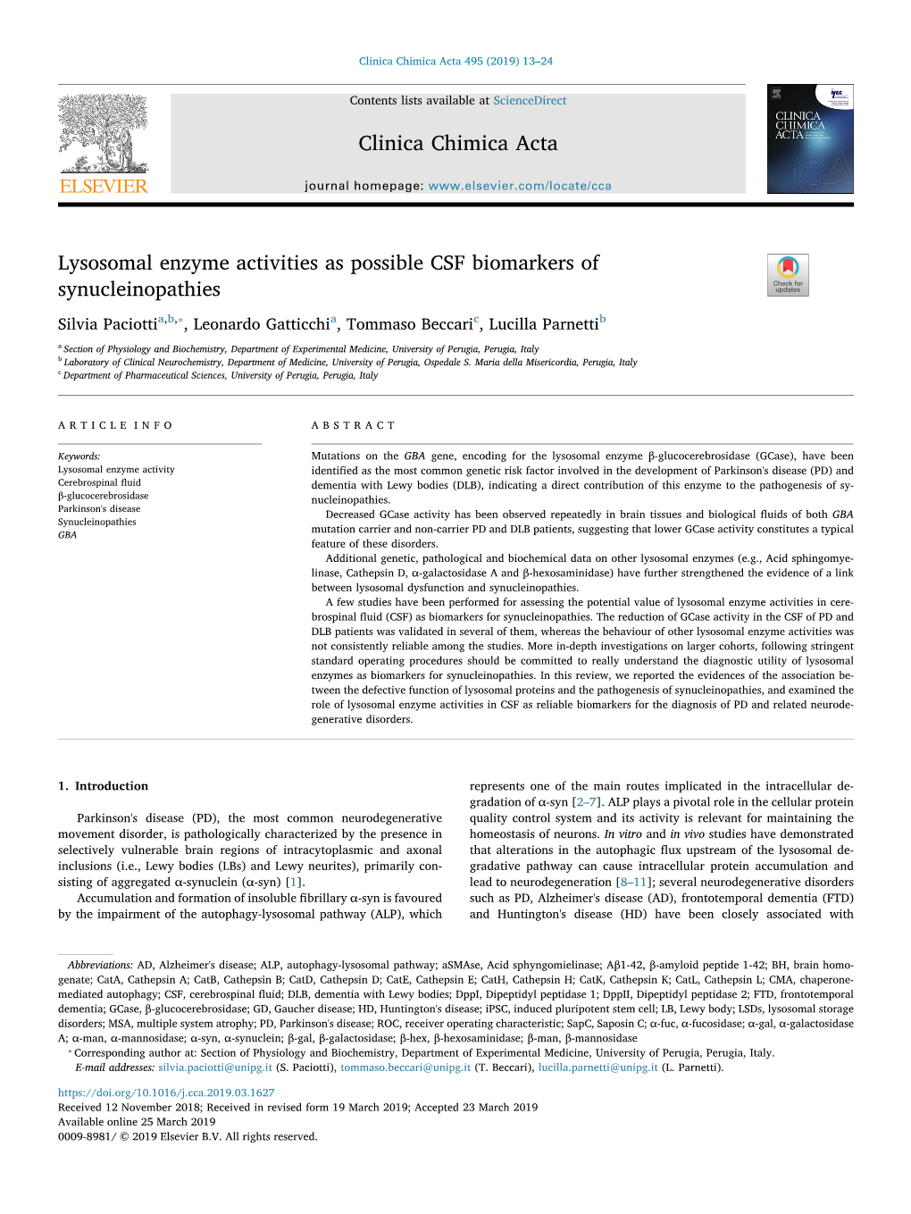 Lysosomal Enzyme Activities As Possible CSF Biomarkers Of