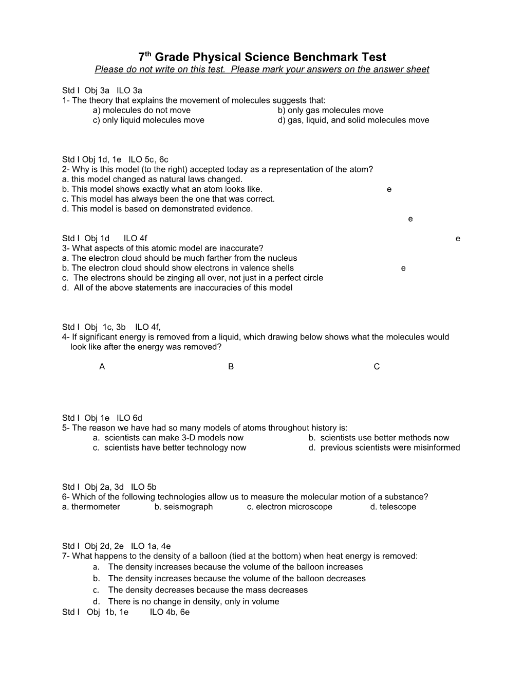 7Th Grade Physical Science Benchmark Test