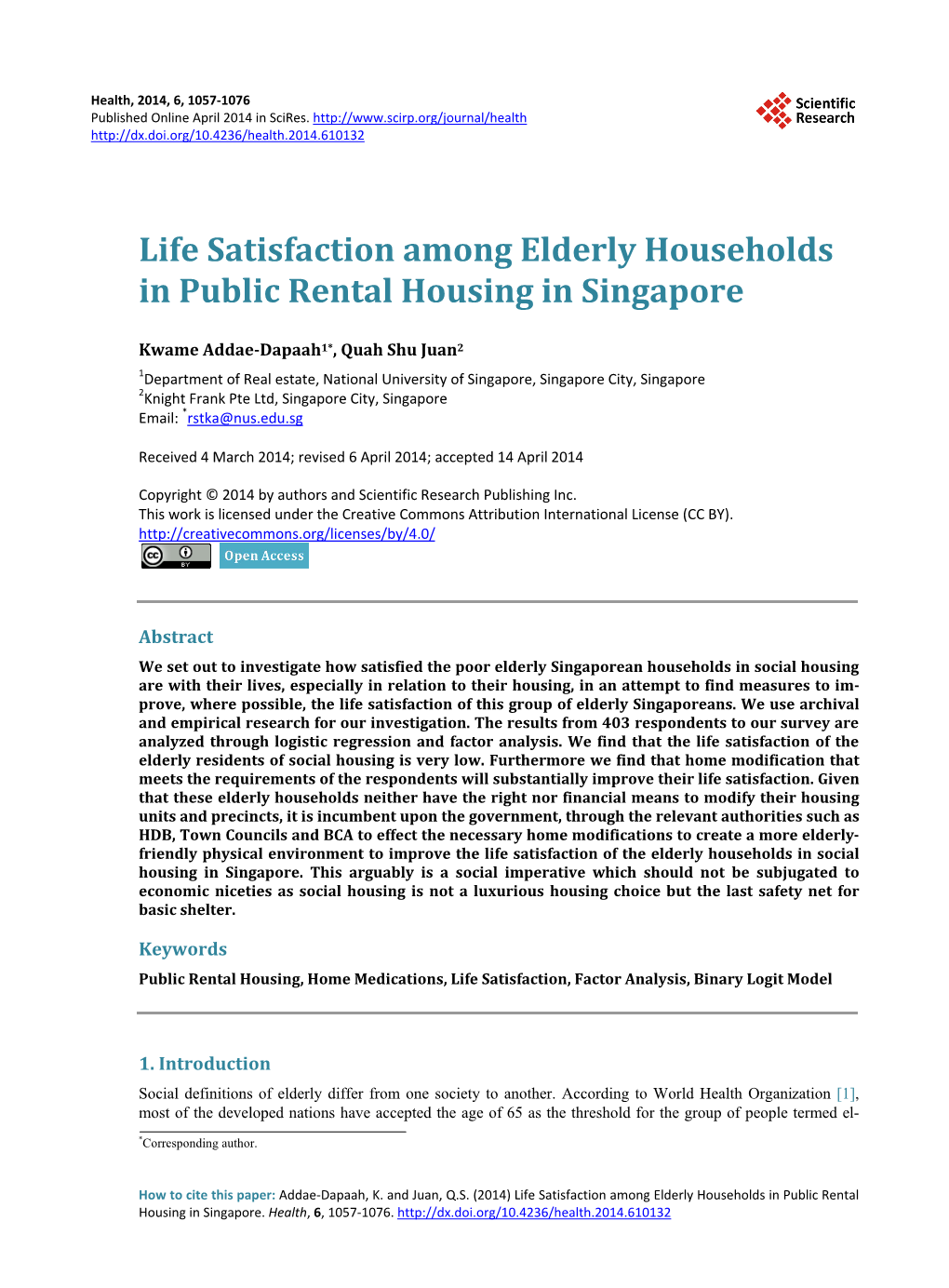 Life Satisfaction Among Elderly Households in Public Rental Housing in Singapore