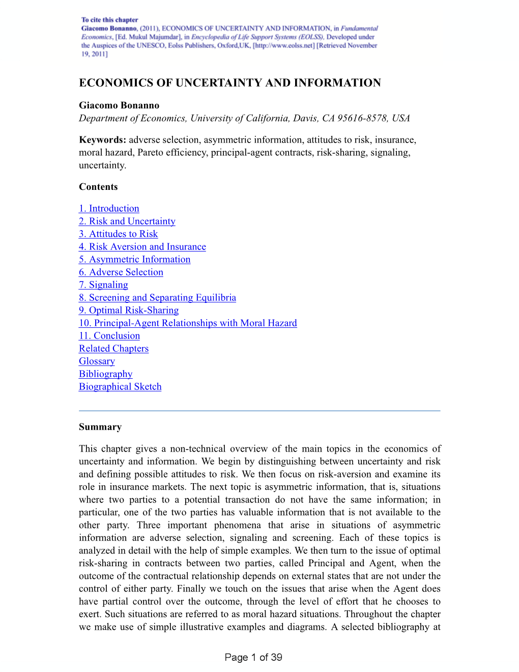 Economics of Uncertainty and Information