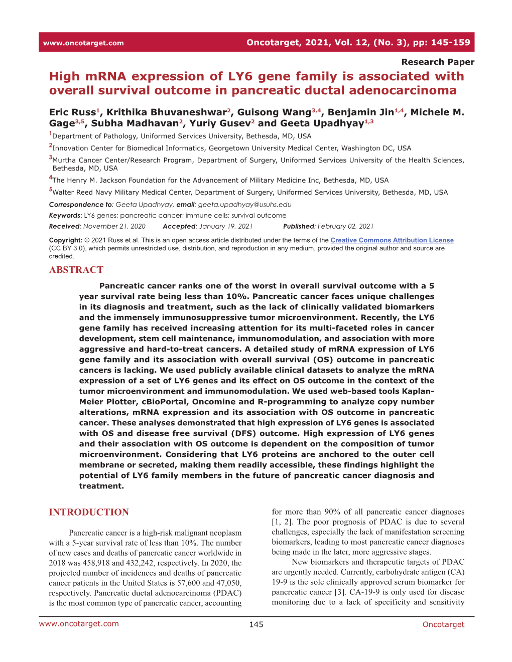 High Mrna Expression of LY6 Gene Family Is Associated with Overall Survival Outcome in Pancreatic Ductal Adenocarcinoma