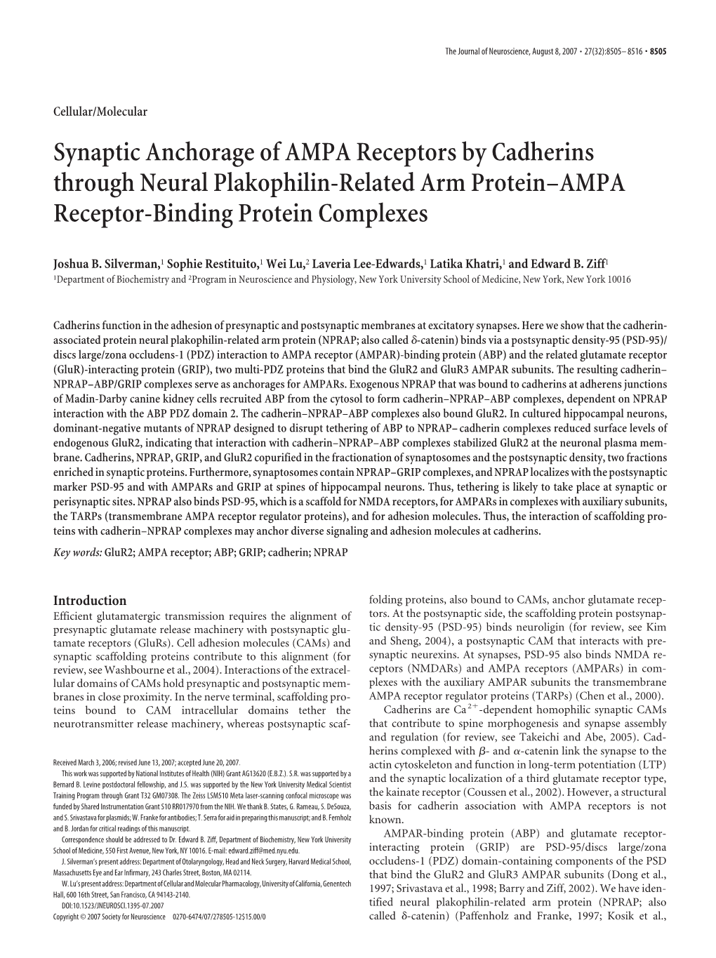 Synaptic Anchorage of AMPA Receptors by Cadherins Through Neural Plakophilin-Related Arm Protein–AMPA Receptor-Binding Protein Complexes