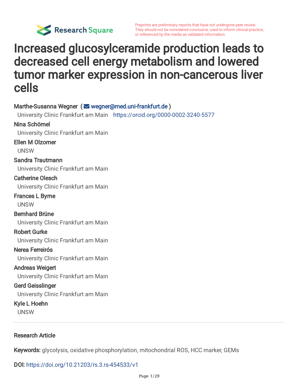 Increased Glucosylceramide Production Leads to Decreased Cell Energy Metabolism and Lowered Tumor Marker Expression in Non-Cancerous Liver Cells