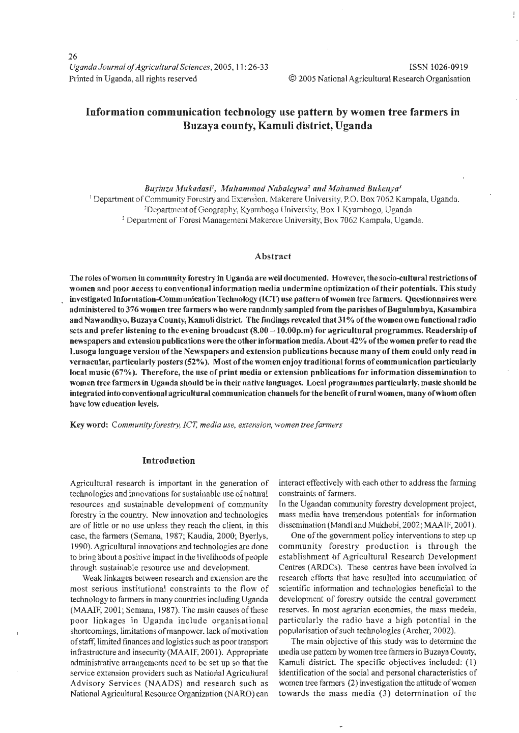 Information Communication Technology Use Pattern by Women Tree Farmers in Buzaya County, Kamuli District, Uganda