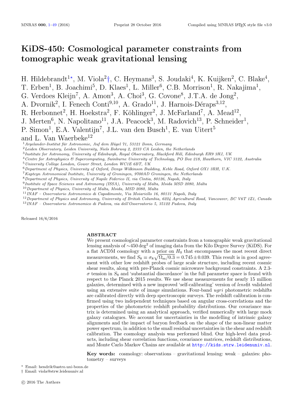 Kids-450: Cosmological Parameter Constraints from Tomographic Weak Gravitational Lensing