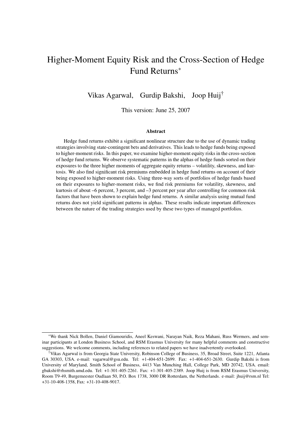 Higher-Moment Equity Risk and the Cross-Section of Hedge Fund Returns∗