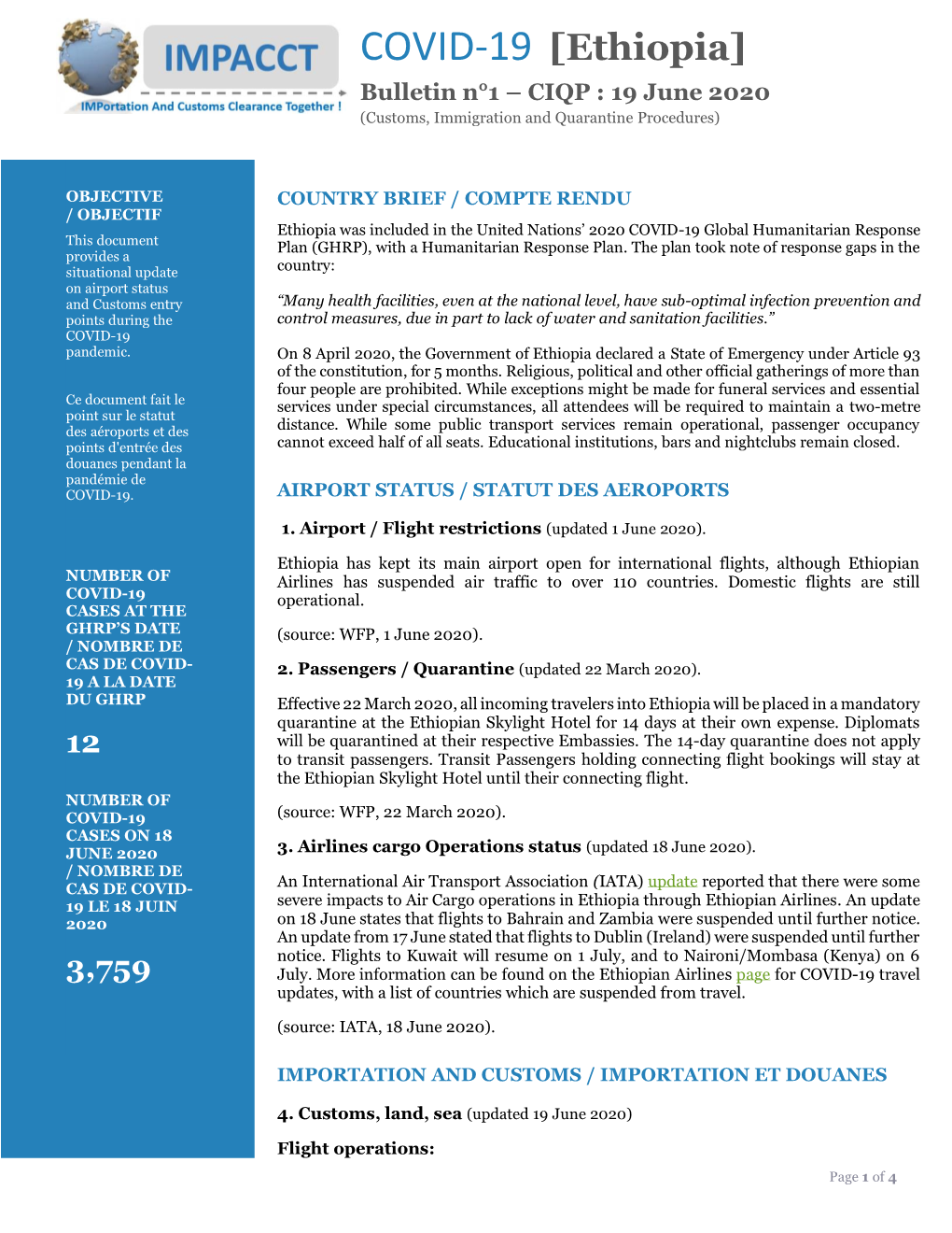 COVID-19 [Ethiopia] Bulletin N°1 – CIQP : 19 June 2020 (Customs, Immigration and Quarantine Procedures)
