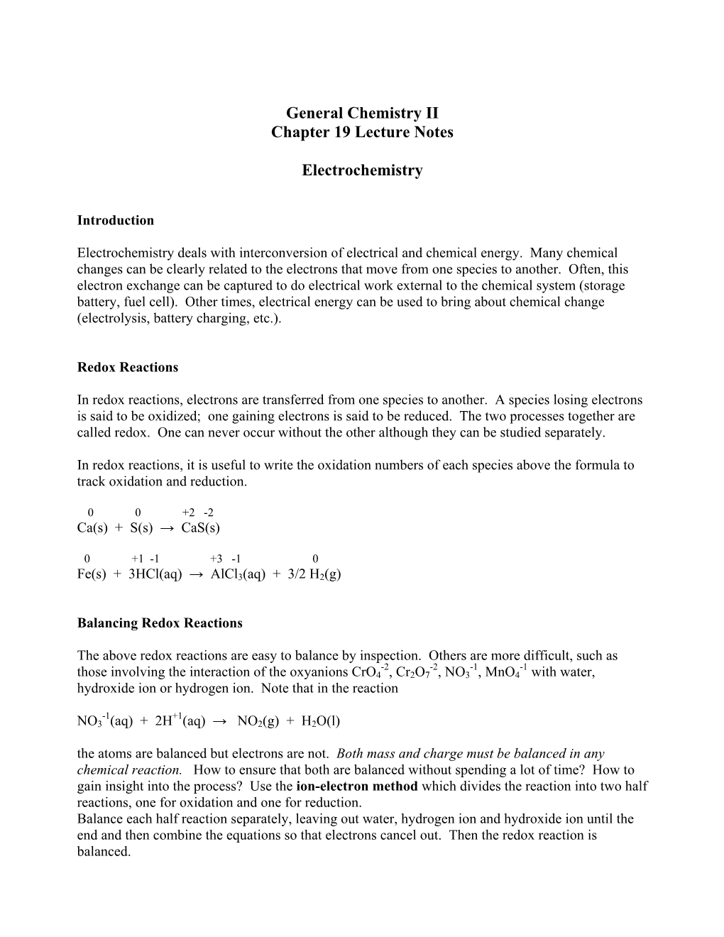 General Chemistry II Chapter 19 Lecture Notes Electrochemistry