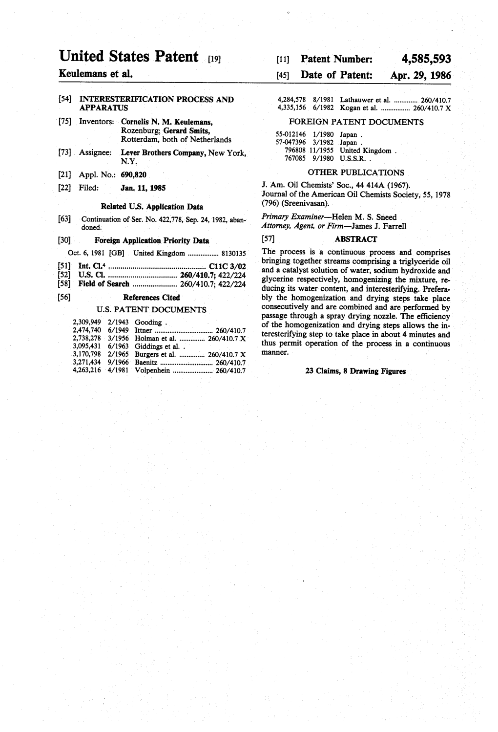 United States Patent (19) 11 Patent Number: 4,585,593 Keulemans Et Al