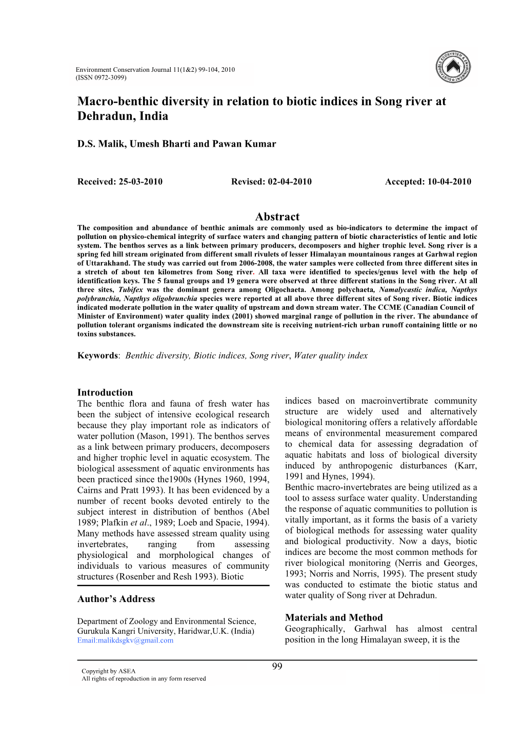 Macro-Benthic Diversity in Relation to Biotic Indices in Song River at Dehradun, India