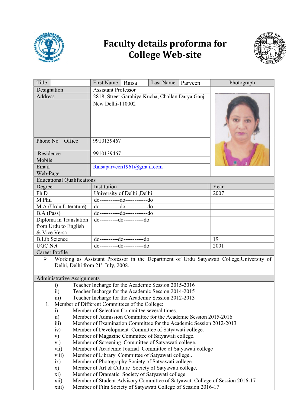 Faculty Details Proforma for College Web-Site