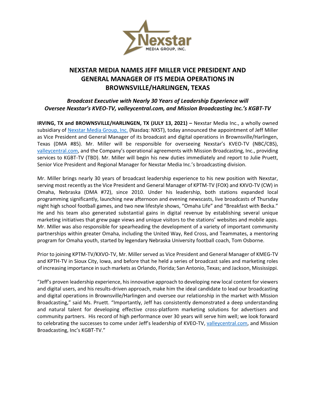 Nexstar Media Names Jeff Miller Vice President and General Manager of Its Media Operations in Brownsville/Harlingen, Texas