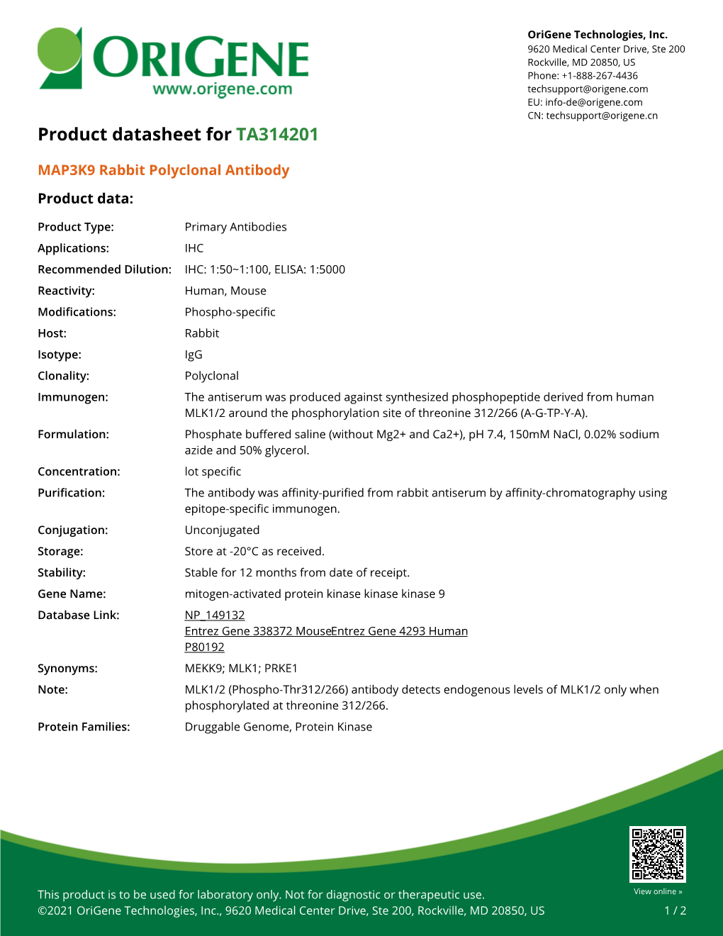 MAP3K9 Rabbit Polyclonal Antibody – TA314201 | Origene