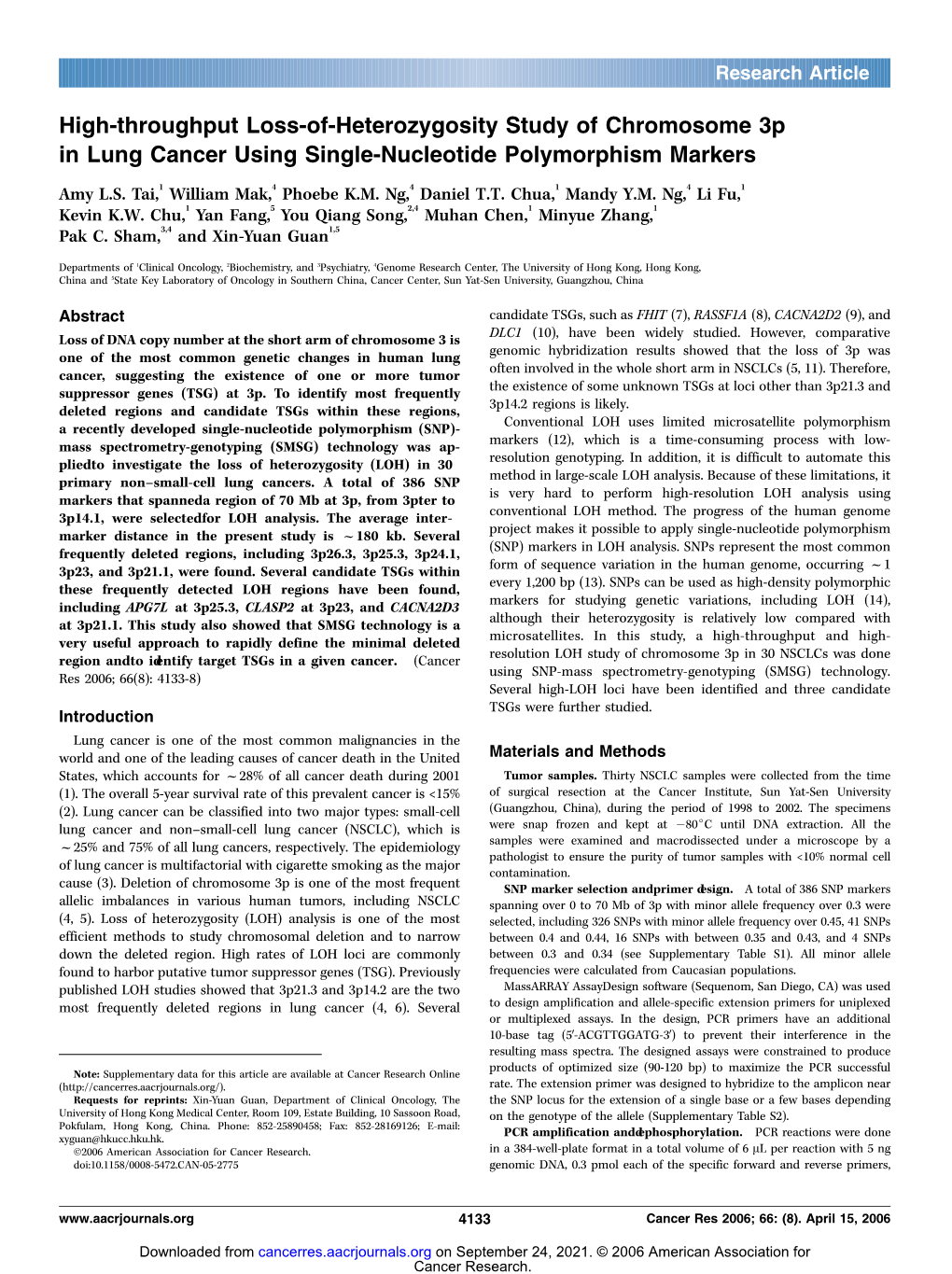 High-Throughput Loss-Of-Heterozygosity Study of Chromosome 3P in Lung Cancer Using Single-Nucleotide Polymorphism Markers